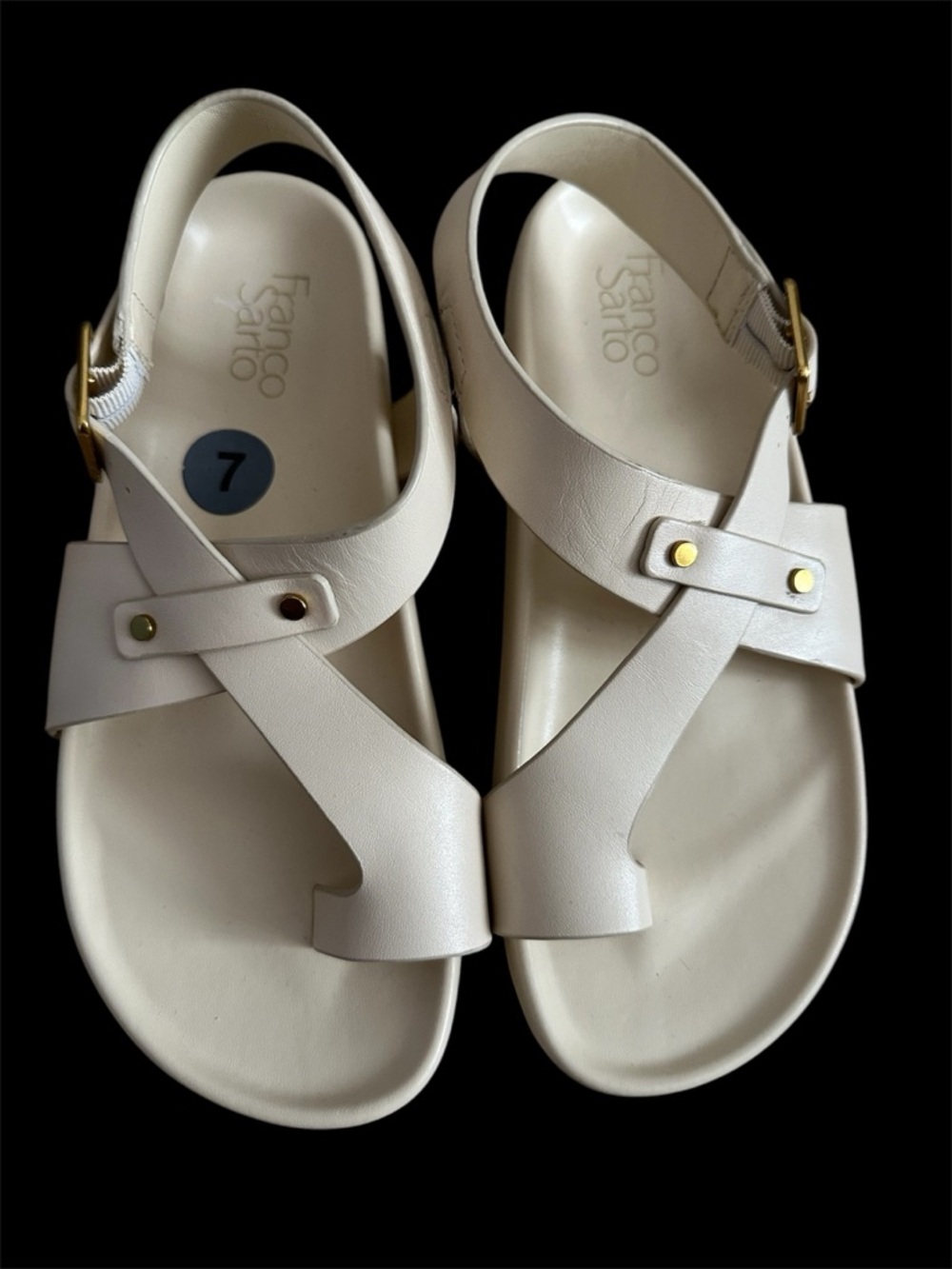 Franco Sarto Ivory Leather Crisscross Strap Sandals with Gold Accent